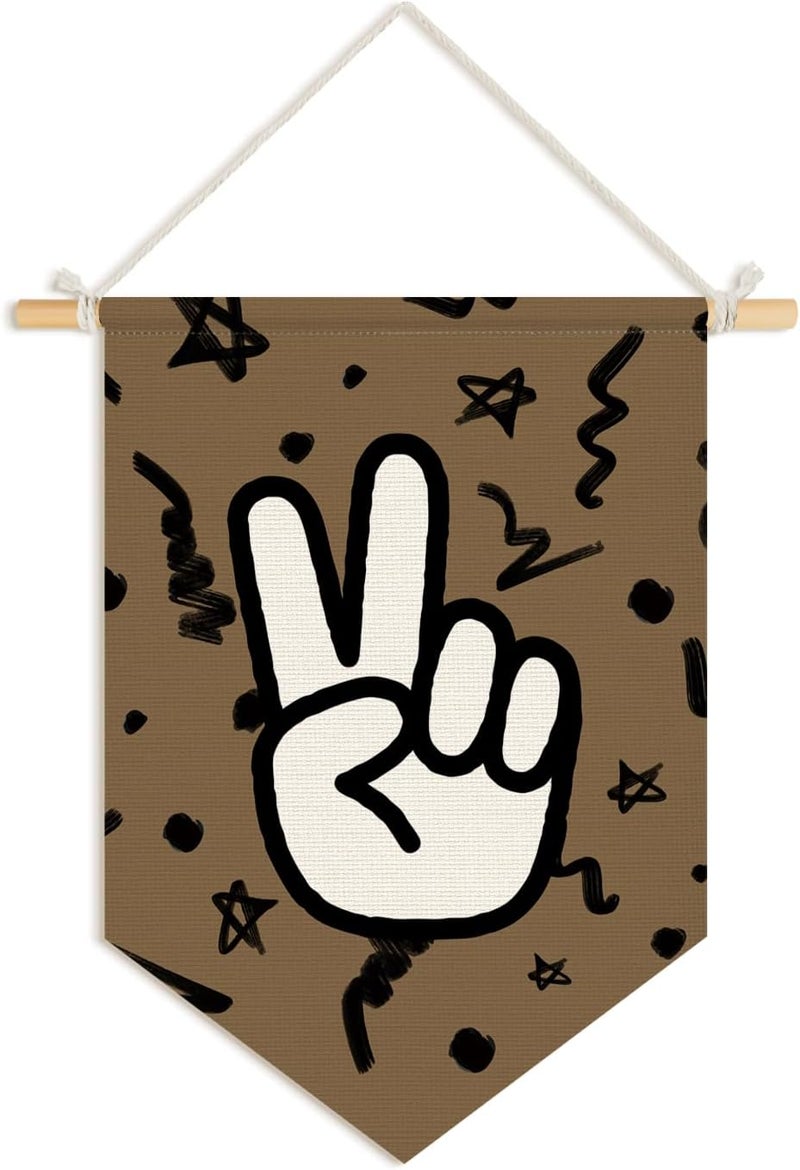 Wheatwin Boys Room Decor, Trendy Retro Wall Decor for Kids Toddler Nursery Room Bedroom Playroom, Peace Sign Brown Wall Hanging Pennant Flag Banner 15x11 Inch - Image 1